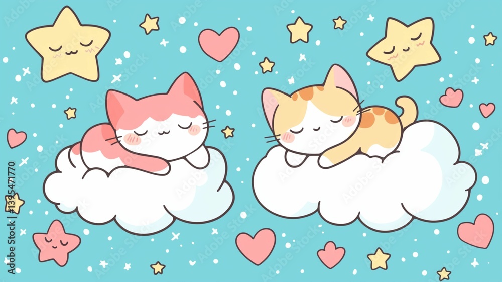 Cute Cats Sleeping on Clouds with Stars and Hearts