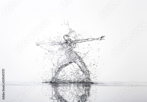 An artistic representation of a figure made of water, showcasing motion and fluidity in a minimalist design.