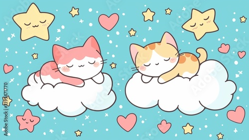 Obraz na płótnie Cute Cats Sleeping on Clouds with Stars and Hearts w salonie