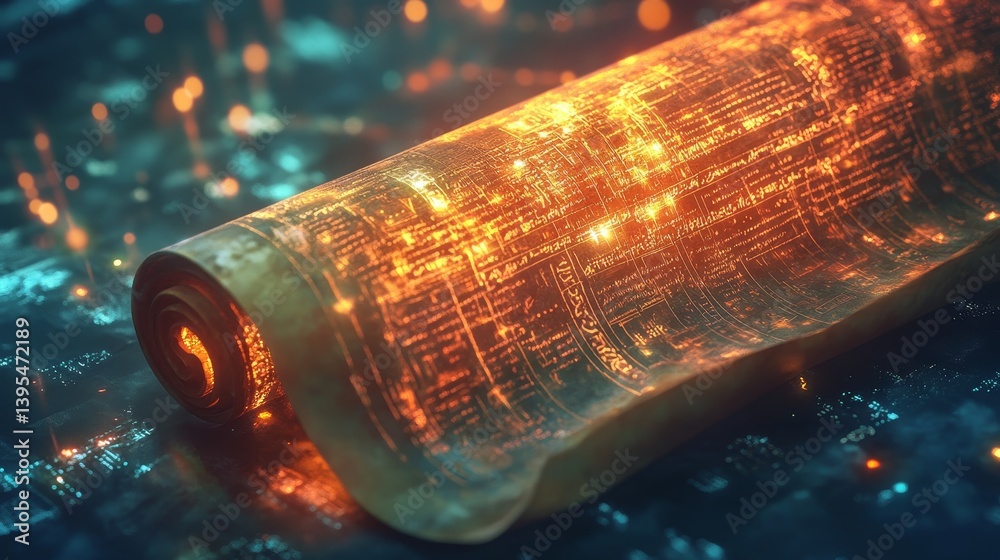 Close-up of a glowing orange fiber optic cable over a dark blue background.