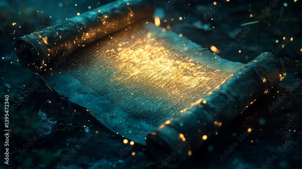 Glowing scroll or parchment lies on a dark textured surface with sparkles.