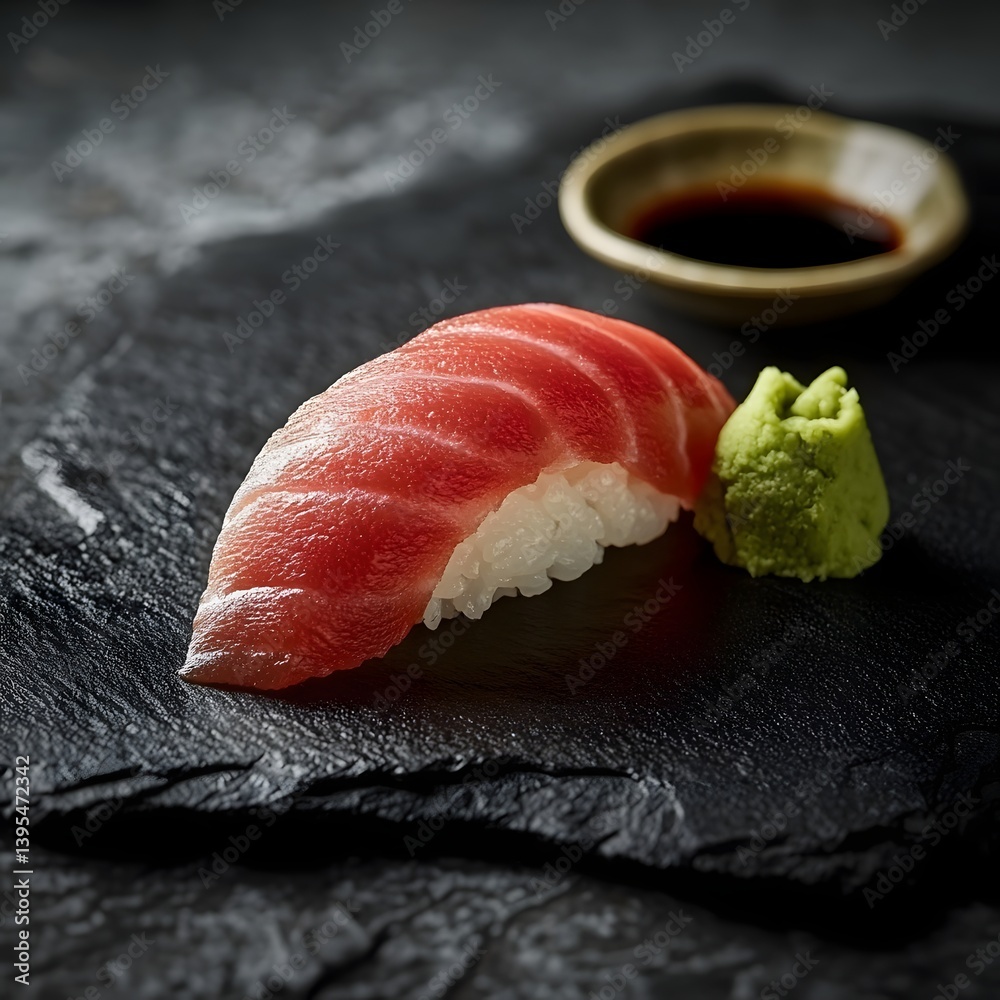 Minimalist Food Art: A Single Sushi Roll on a Black Slate Plate
