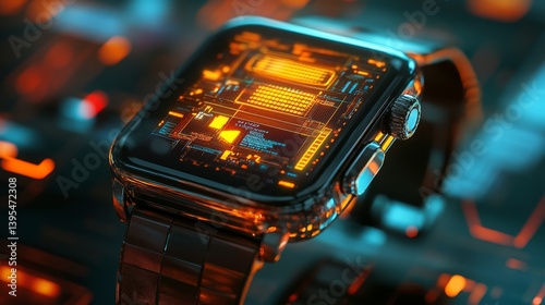 Obraz na płótnie Smartwatch with visible internal components and orange glow on a dark background. w salonie