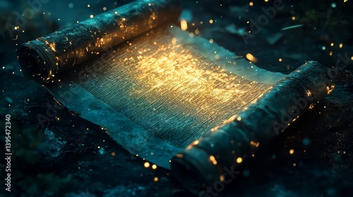 Obraz na płótnie Glowing scroll or parchment lies on a dark textured surface with sparkles. w salonie