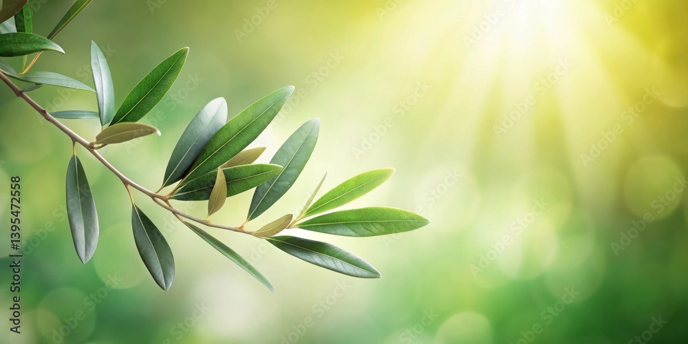 Fototapeta premium Lush Green Olive Branch with Sunlight Background, Perfect for Spring or Summer Themes
