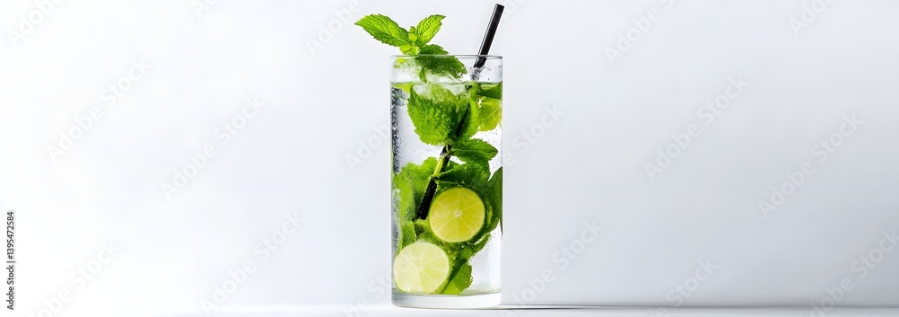 Mojito Cocktail in a Highball Glass with Mint and Lime on White Background