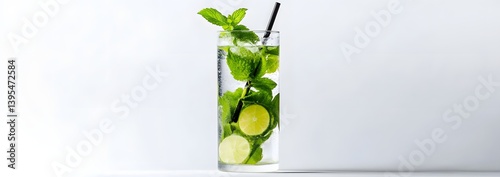 Obraz na płótnie Mojito Cocktail in a Highball Glass with Mint and Lime on White Background w salonie