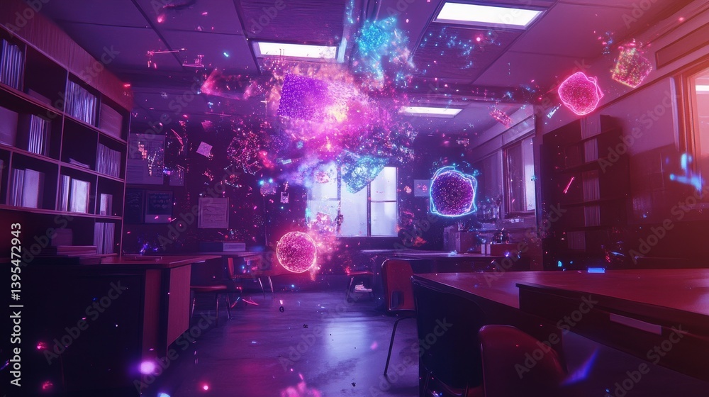 Library interior with floating glowing orbs and particles creating a surreal atmosphere.