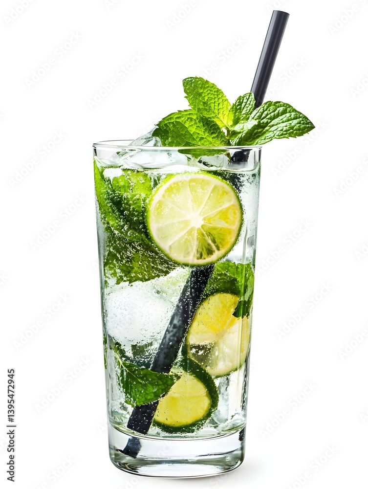 Mojito Cocktail in a Highball Glass with Mint and Lime on White Background