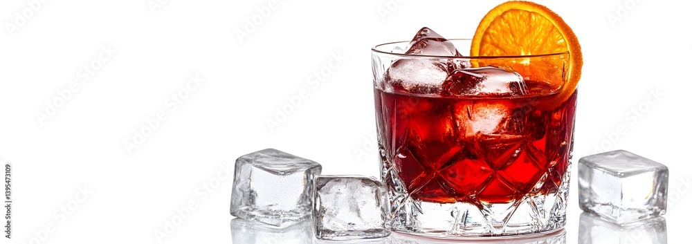 Negroni Cocktail in a Crystal Glass with Orange Garnish on White Background