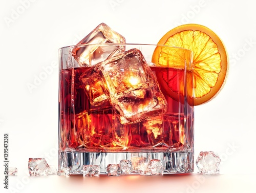 Negroni Cocktail in a Crystal Glass with Orange Garnish on White Background