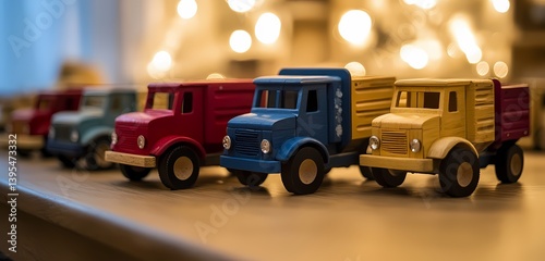 Charming wooden toy trucks line up a delightful scene of childhood playfulness and simple joys bathed in soft warm light