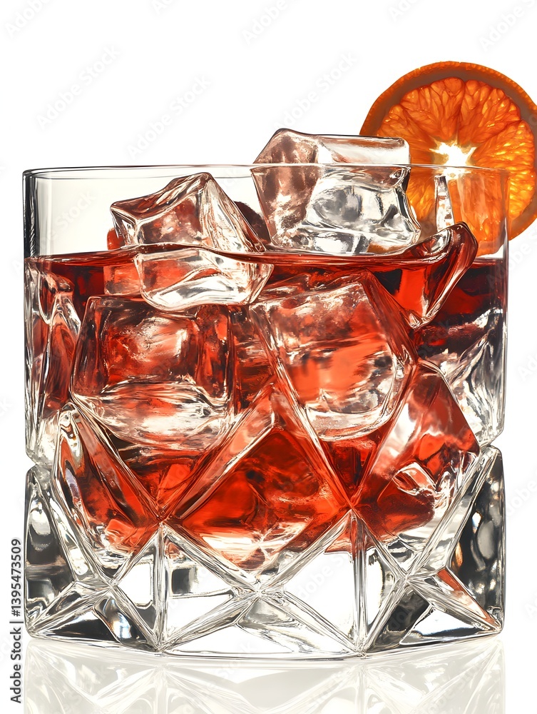 Negroni Cocktail in a Crystal Glass with Orange Garnish on White Background