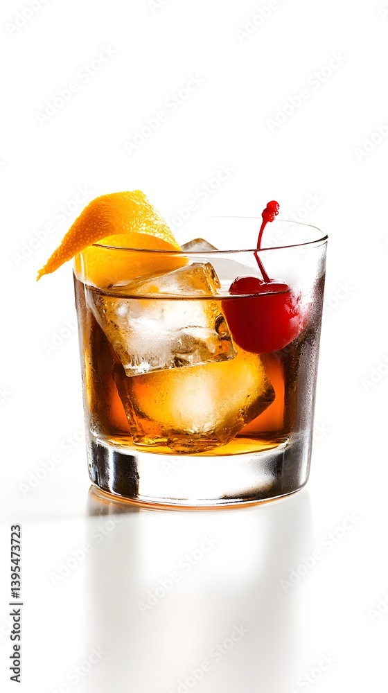 Old Fashioned Cocktail with Orange Peel and Ice on White Background