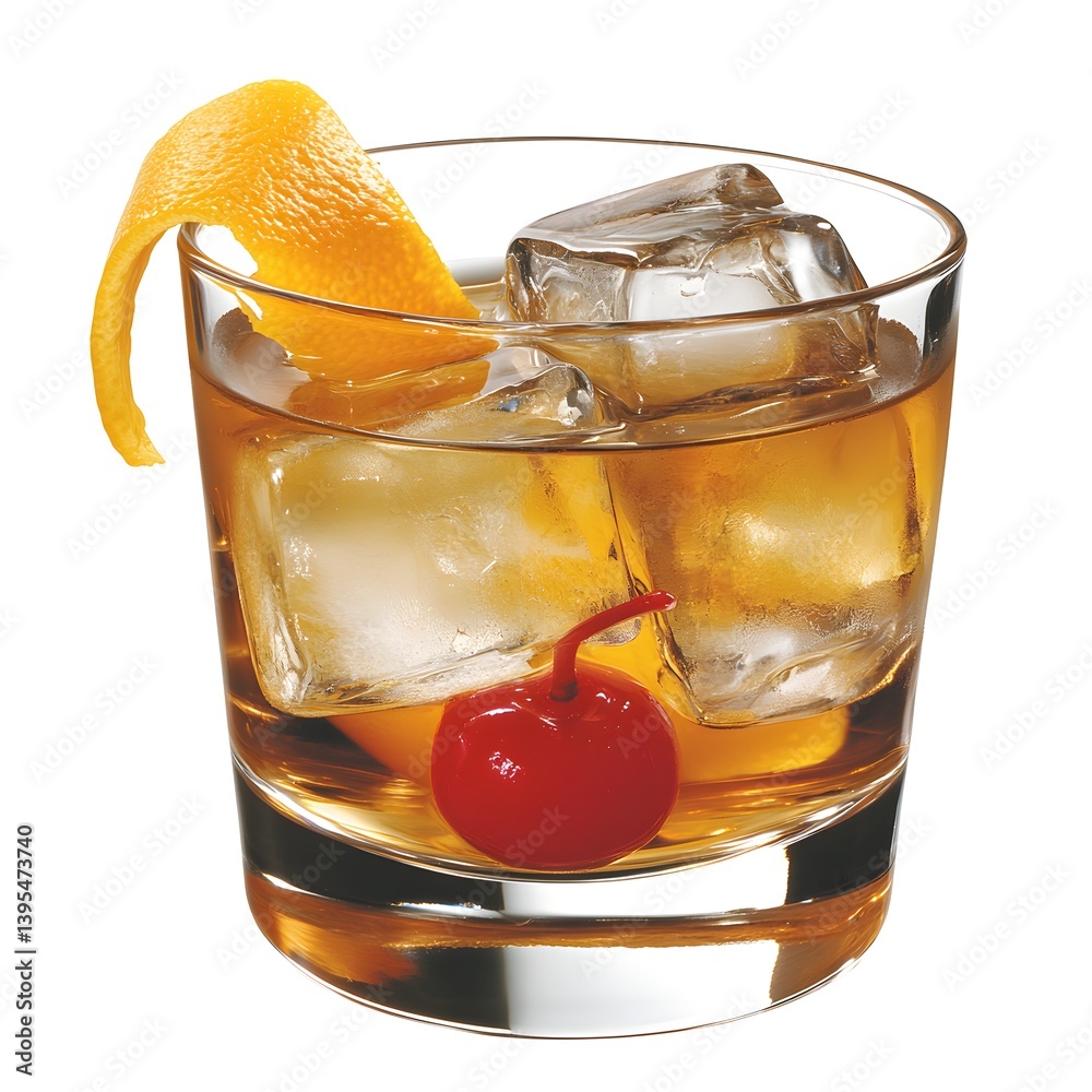 Old Fashioned Cocktail with Orange Peel and Ice on White Background