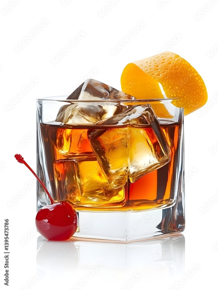 Old Fashioned Cocktail with Orange Peel and Ice on White Background