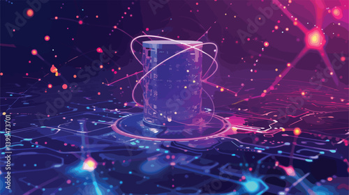 Illustration of Data Science Atom rotating around a Server Icon in Silhouette, representing technology, AI, computing, networking, big data analysis in C language