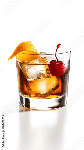 Old Fashioned Cocktail with Orange Peel and Ice on White Background