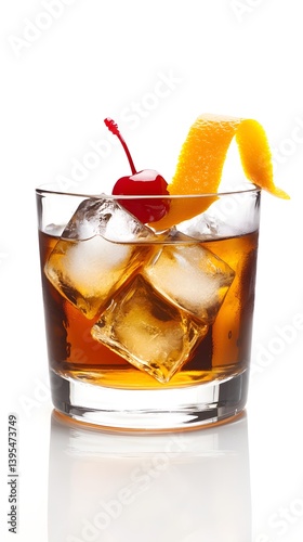 Old Fashioned Cocktail with Orange Peel and Ice on White Background