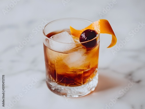 Old Fashioned Cocktail with Orange Peel and Ice on White Background
