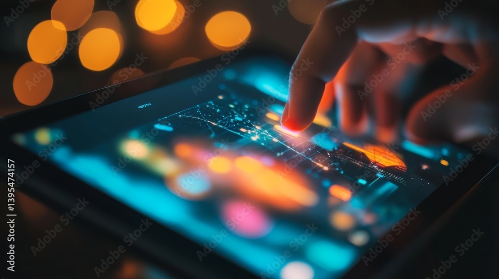 Finger touching tablet screen with abstract colorful display and bokeh background.