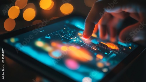 Obraz na płótnie Finger touching tablet screen with abstract colorful display and bokeh background. w salonie