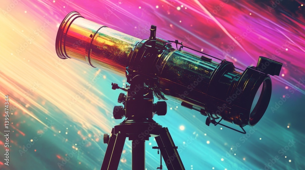 Telescope on tripod against colorful nebula background representing space exploration and astronomy.