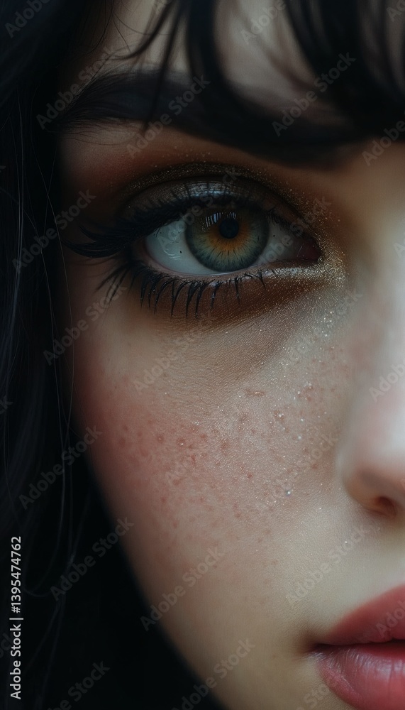 Fototapeta premium Close-up portrait of a young woman’s eye, artistic makeup, glittery details, expressive gaze