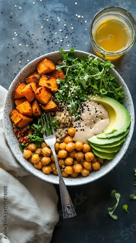 Obraz na płótnie Vegan Buddha Bowl with Roasted Chickpeas, Avocado, and Quinoa w salonie
