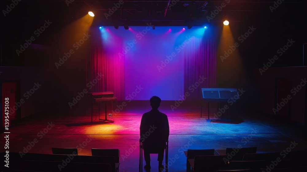 Silhouette of person sitting in chair facing stage with colorful lighting.