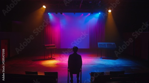 Obraz na płótnie Silhouette of person sitting in chair facing stage with colorful lighting. w salonie