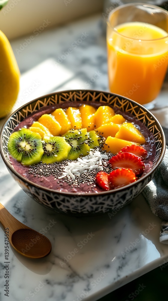 Vibrant Healthy Breakfast Bowl with Tropical Fruits and Chia Seeds