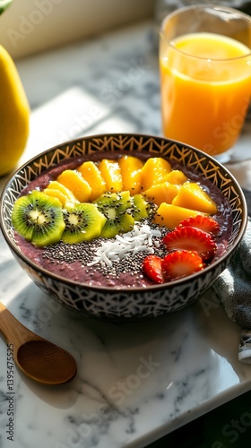 Obraz na płótnie Vibrant Healthy Breakfast Bowl with Tropical Fruits and Chia Seeds w salonie