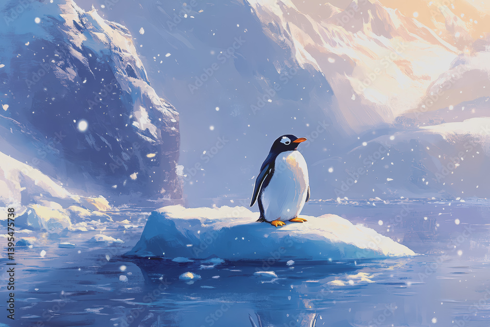 Obraz premium A penguin standing on an iceberg surrounded by ice water and snow, Christmas magazine style.
