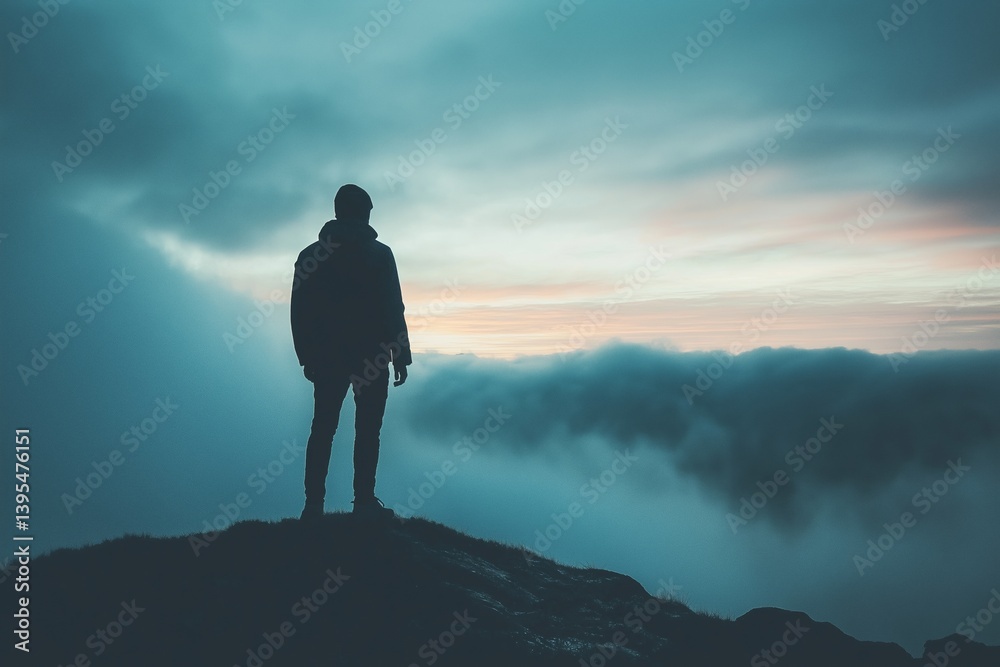 A lone figure stands on a mountain peak, gazing at a dramatic sunset, representing solitude and reflection.