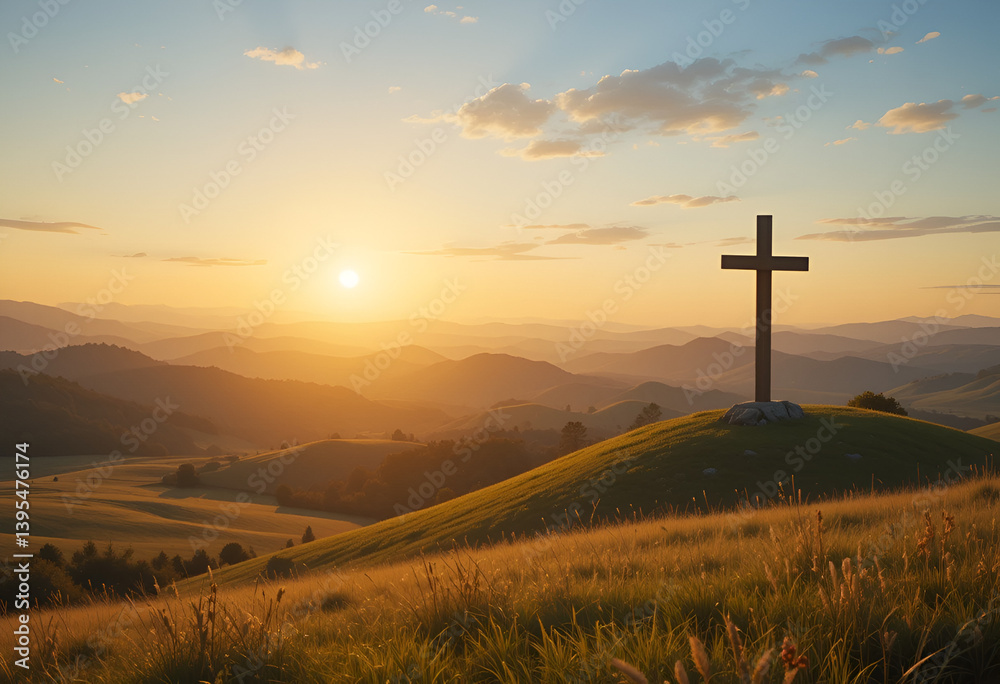 Cross Amidst Rolling Hills in a Scenic Sunset Landscape