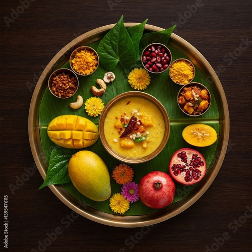 Festive Puthandu Arrangement with Traditional Dishes and Fruits photo