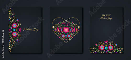 Happy Mothers day vector set greeting card. Gold and colorful floral texture on black background. Luxury holiday poster concept for mother's day banner, flyer, party invitation, gift shop, templates