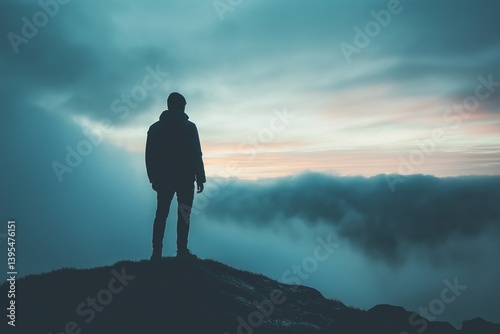 Obraz na płótnie A lone figure stands on a mountain peak, gazing at a dramatic sunset, representing solitude and reflection. w salonie