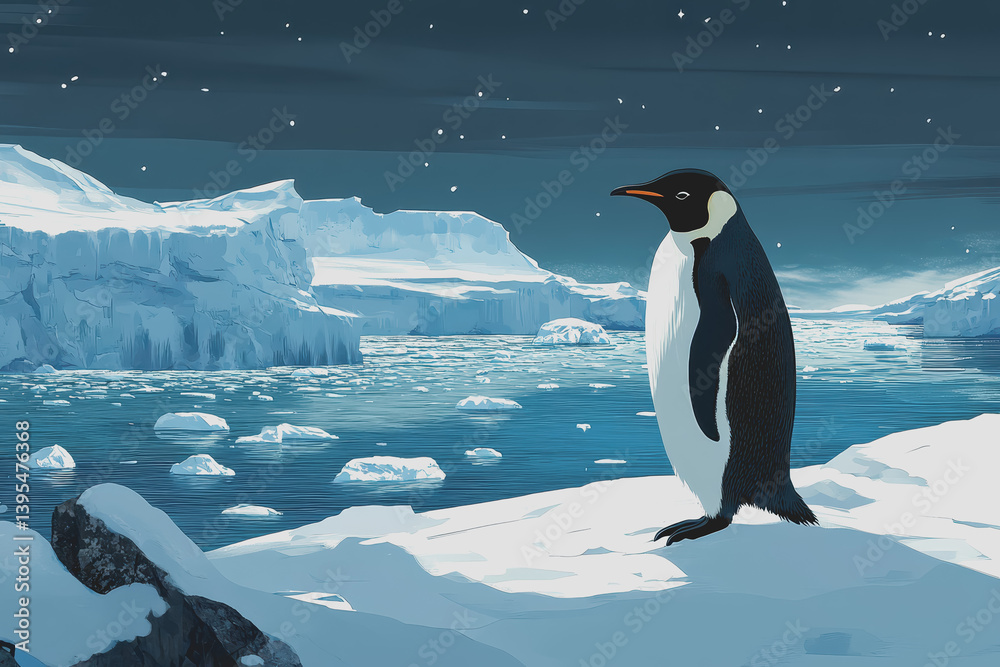 Fototapeta premium A penguin standing on an iceberg surrounded by ice water and snow, Christmas magazine style.