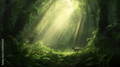 Dinosaur in sunlit jungle clearing.