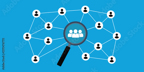 Target audience and customer focus concept. A black magnifying glass highlighting a group of people icons on wooden circles, representing audience targeting, customer focus, digital marketing strategy