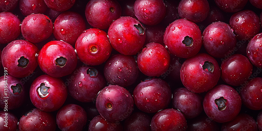 Freshly picked cranberries displayed in vibrant red hues with water droplets against a dark background Freshly picked cranberries displayed in vibrant red hues with water droplets against a dark background