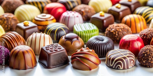 Belgian Pralines: Close-up of Assorted Chocolate Candies on White Background