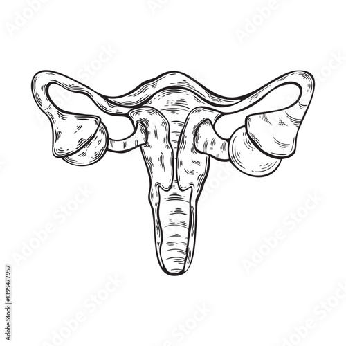 Uterus and ovaries anatomy in engraving style. Line art 
 style of the woman's uterus. Vector illustration	
