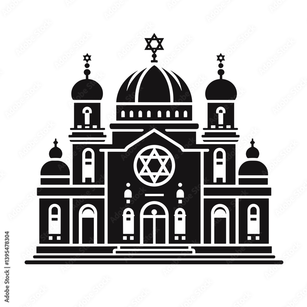 Black silhouette of a Jewish synagogue, vector, transparent background 