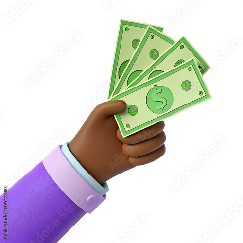 3D render of a cartoon hand with brown skin holding money on a transparent background