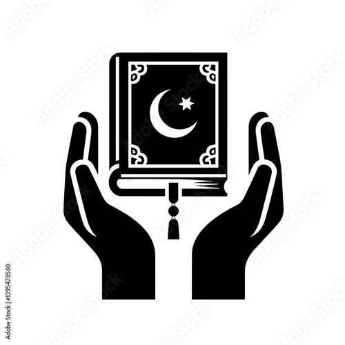 Black silhouette of a Koran in hands, vector, transparent background 
