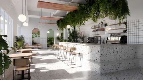 wellness café with smoothie bar, white walls, hanging plants, and terrazzo counters