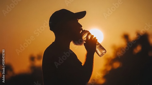 Silhouette of a man drinking water under extreme summer heat with strong sun glare and dry atmosphere, representing hydration, heatwave, and outdoor survival in hot weather conditions.